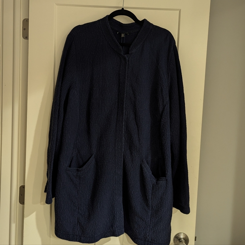 Eileen Fisher Midnight Blue Textural Cotton Stand Collar Jacket XXL
